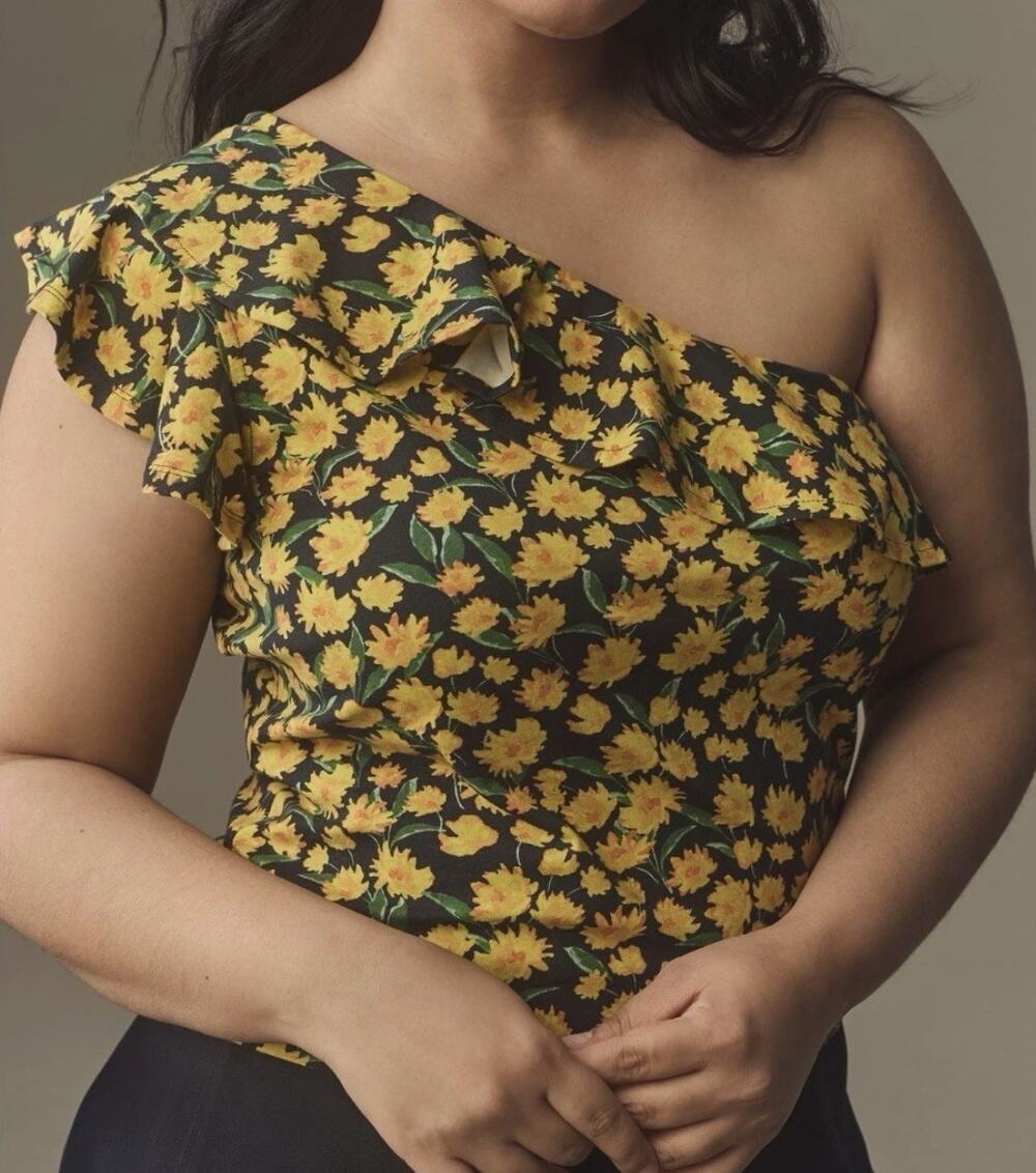 ANTHROPOLOGIE x MAEVE One-Shoulder Ruffled Top Yellow Floral Sz 1X NWT {3Z22} - Picture 1 of 6